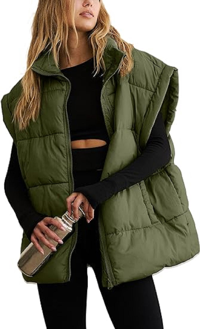 Zipper Pocket Cotton Stand Collar Vest