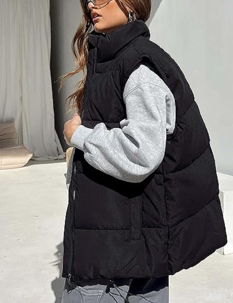 Zipper Pocket Cotton Stand Collar Vest