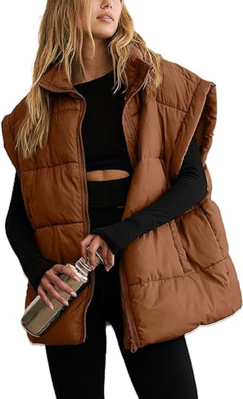 Zipper Pocket Cotton Stand Collar Vest