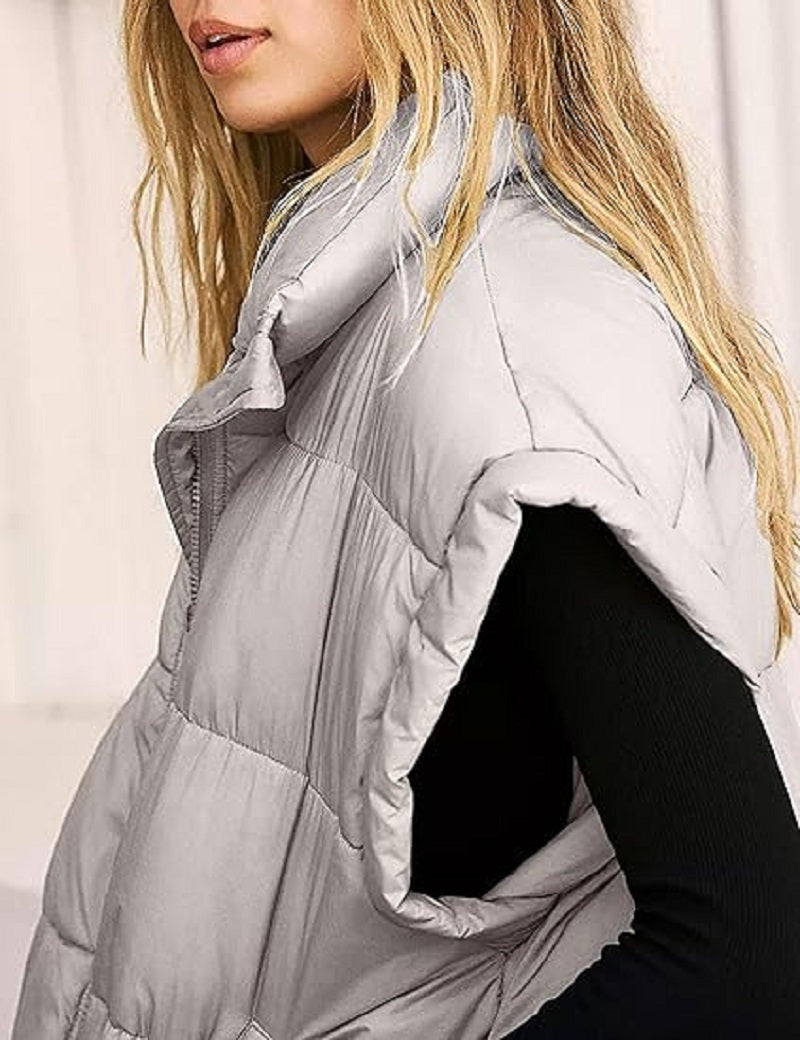 Zipper Pocket Cotton Stand Collar Vest
