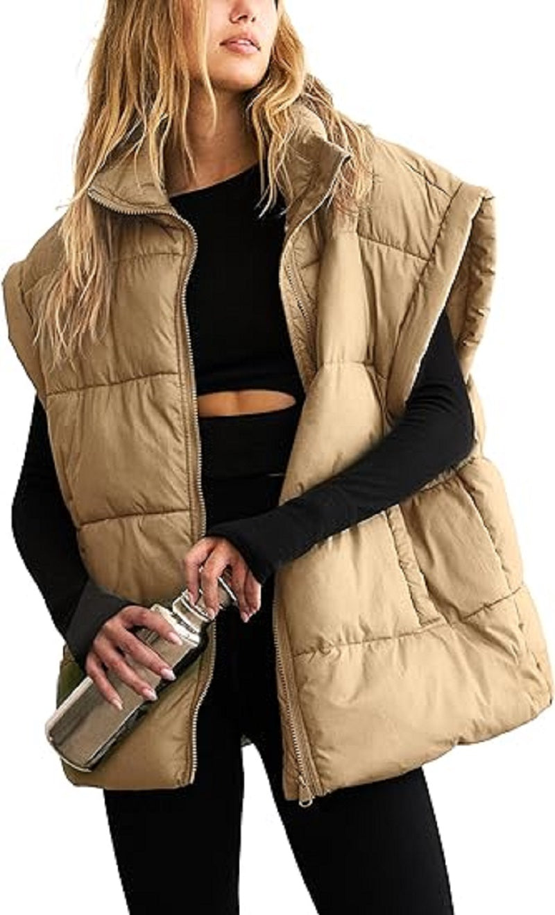 Zipper Pocket Cotton Stand Collar Vest