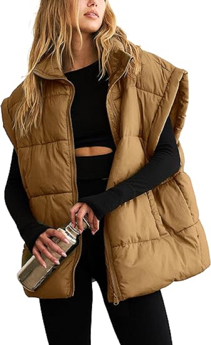 Zipper Pocket Cotton Stand Collar Vest