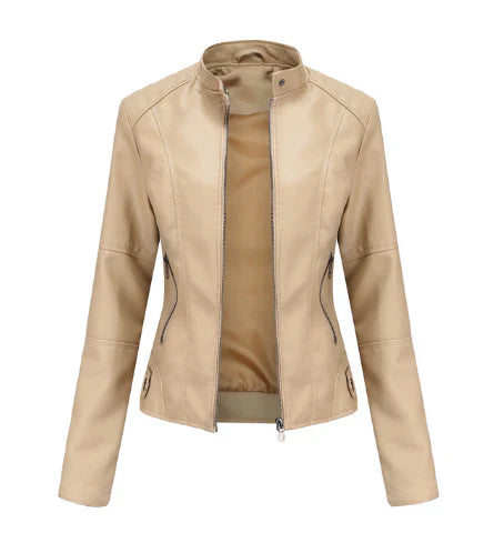 Women's pu leather jacket with zipper closure and stand collar
