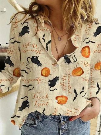 Women's Button-Up Blouse - Relaxed Fit - Classic Collar - Halloween Print Casual Wear