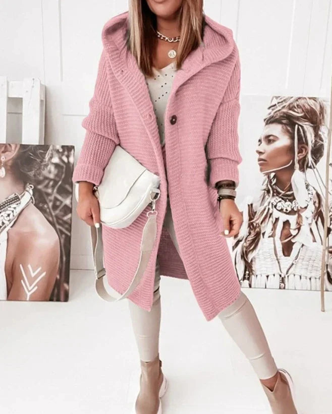 Women's Long Knitted Cardigan - Hooded - Single Button Closure - Relaxed Fit