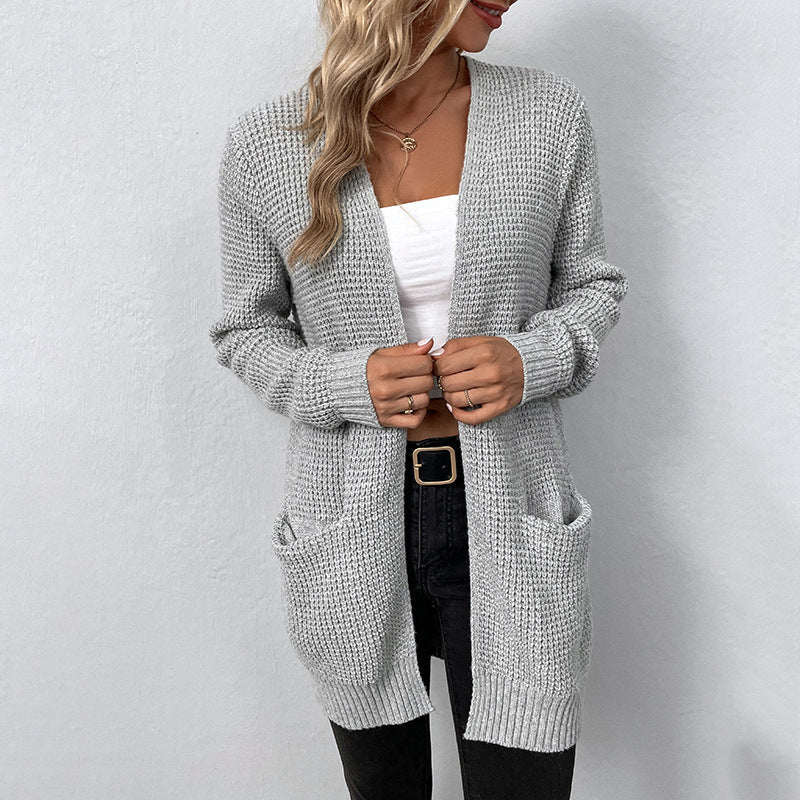 Open-front chunky knit cardigan with pockets women