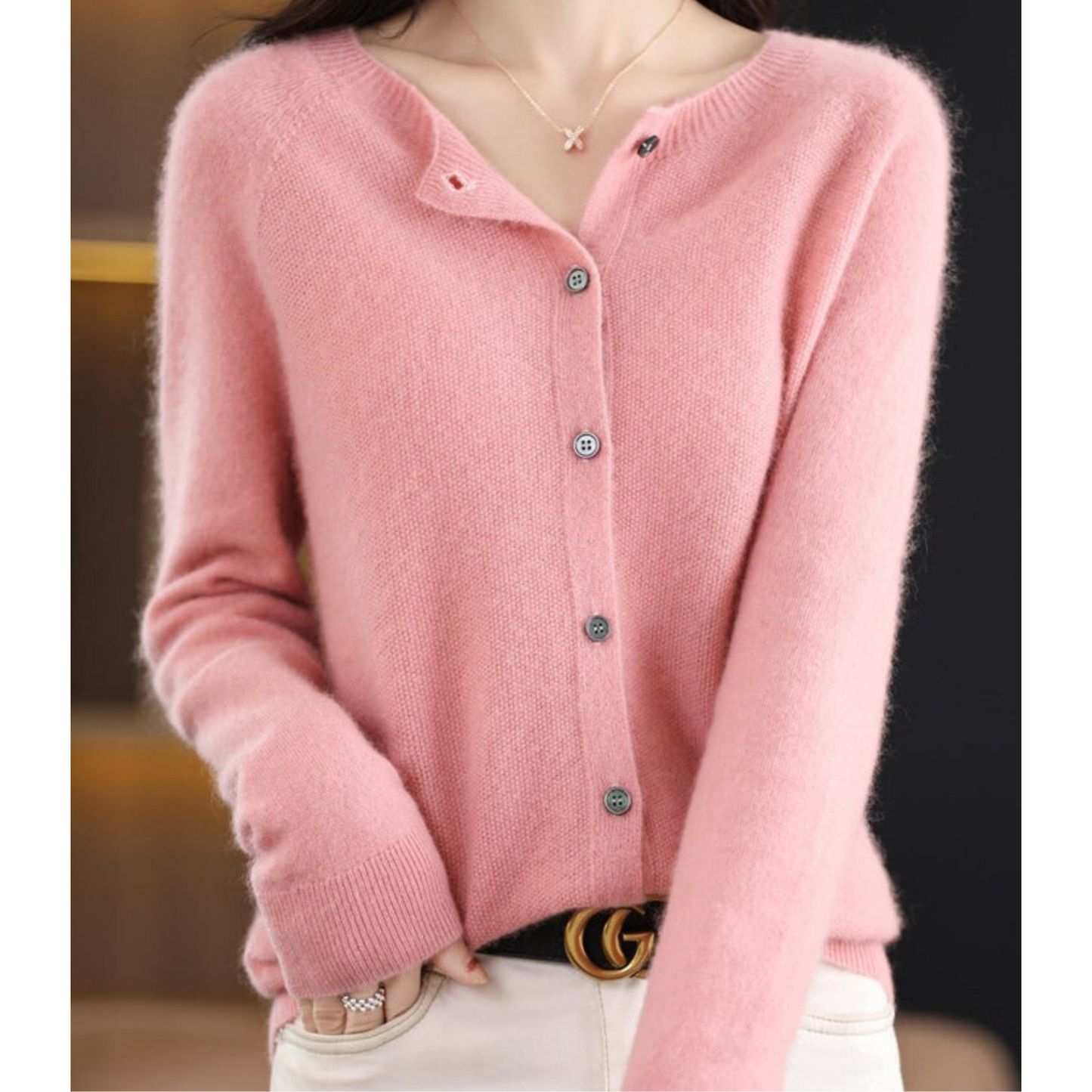 Women's solid color casual wool-like cardigan
