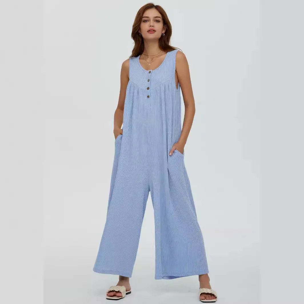 Women's Sleeveless Jumpsuit - Wide-Leg Relaxed Fit - Button Front with Pockets