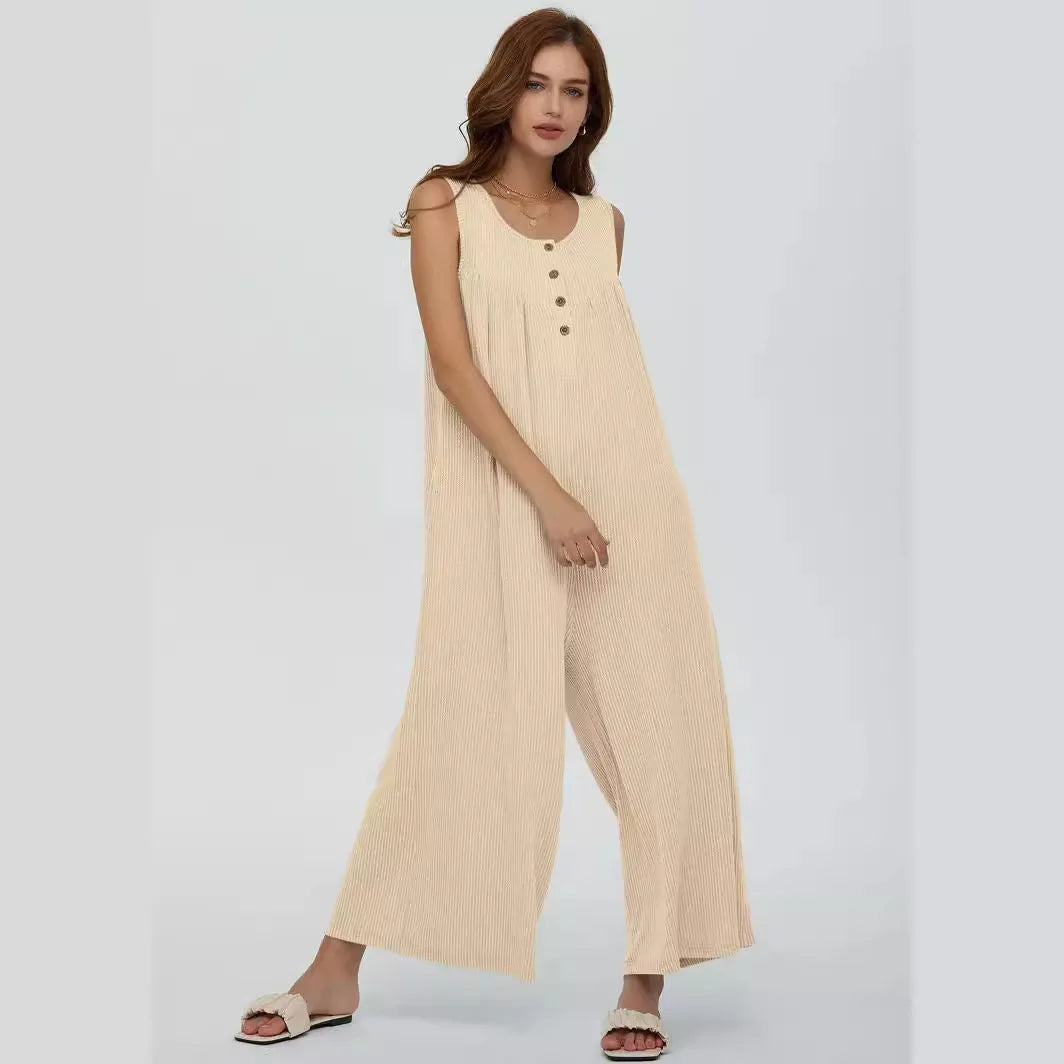 Women's Sleeveless Jumpsuit - Wide-Leg Relaxed Fit - Button Front with Pockets