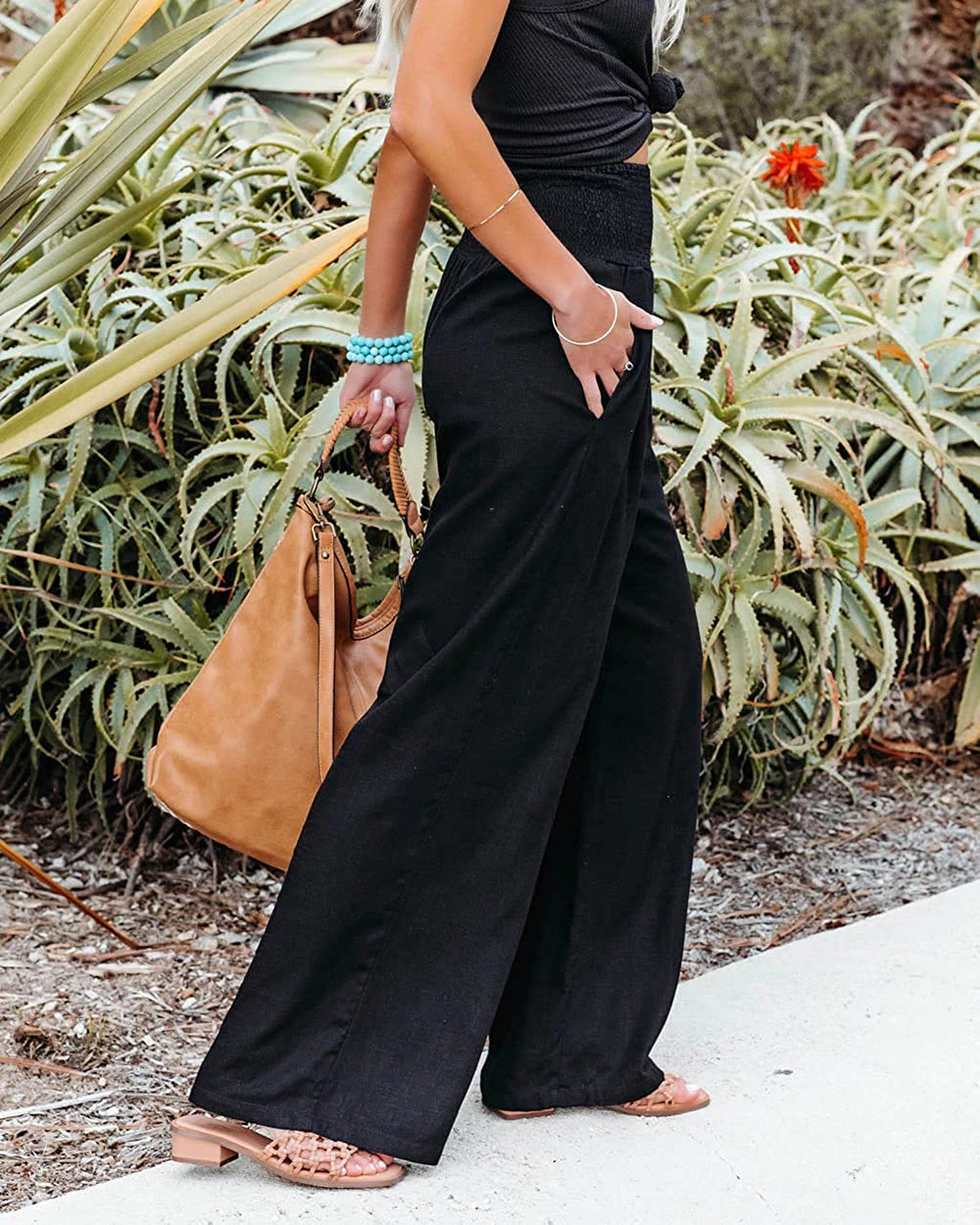 Women's Wide-Leg Pants - Elastic Waist - Flowy Lightweight Casual Wear