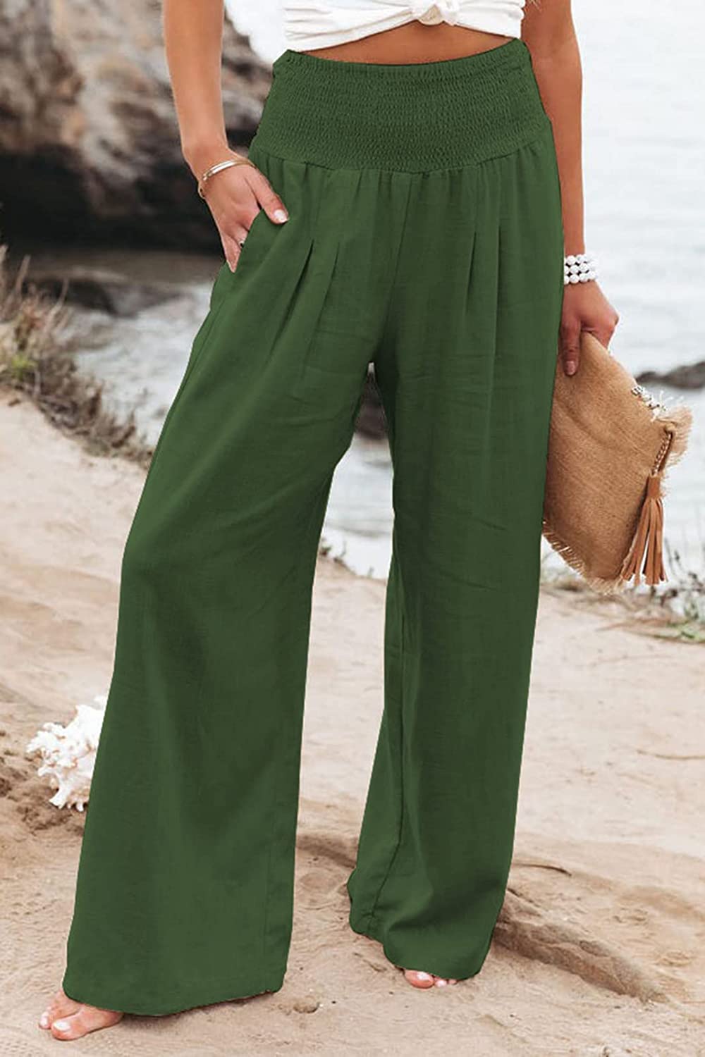 Women's Wide-Leg Pants - Elastic Waist - Flowy Lightweight Casual Wear