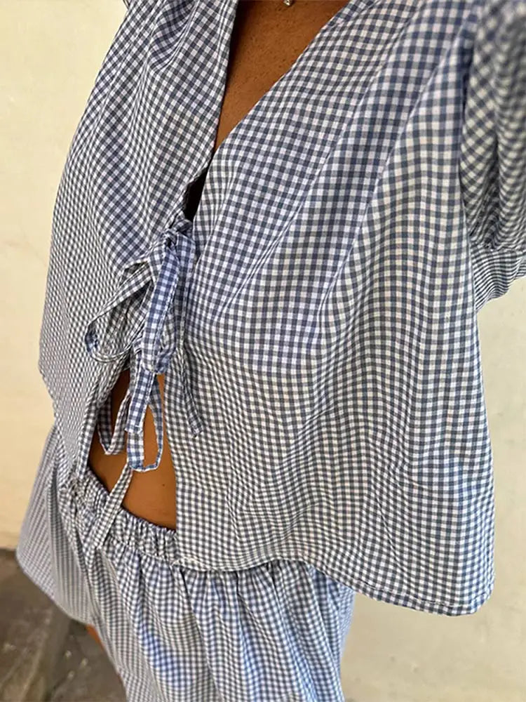 Laiza - Loose V Neck Puff Sleeve Front Tie-Up Shirts+Elastic Waist Shorts set
