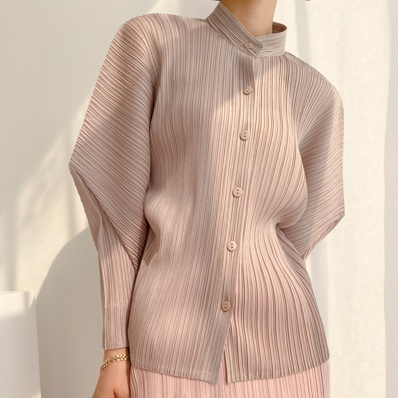 Pleated Batwing Sleeve Button-Up Blouse