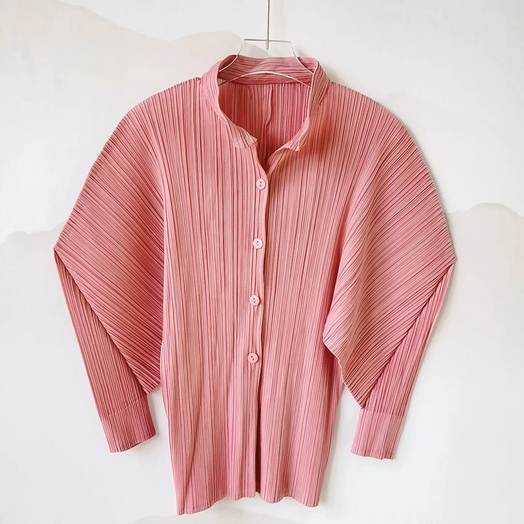 Pleated Batwing Sleeve Button-Up Blouse