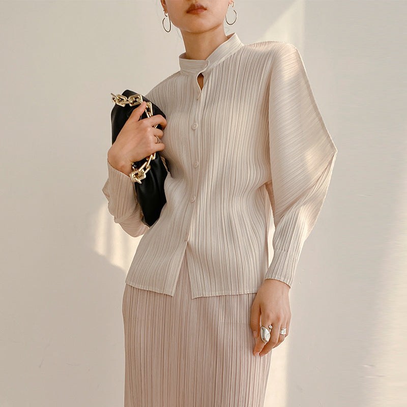 Pleated Batwing Sleeve Button-Up Blouse