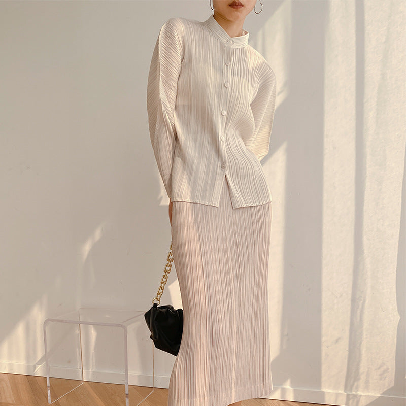 Pleated Batwing Sleeve Button-Up Blouse
