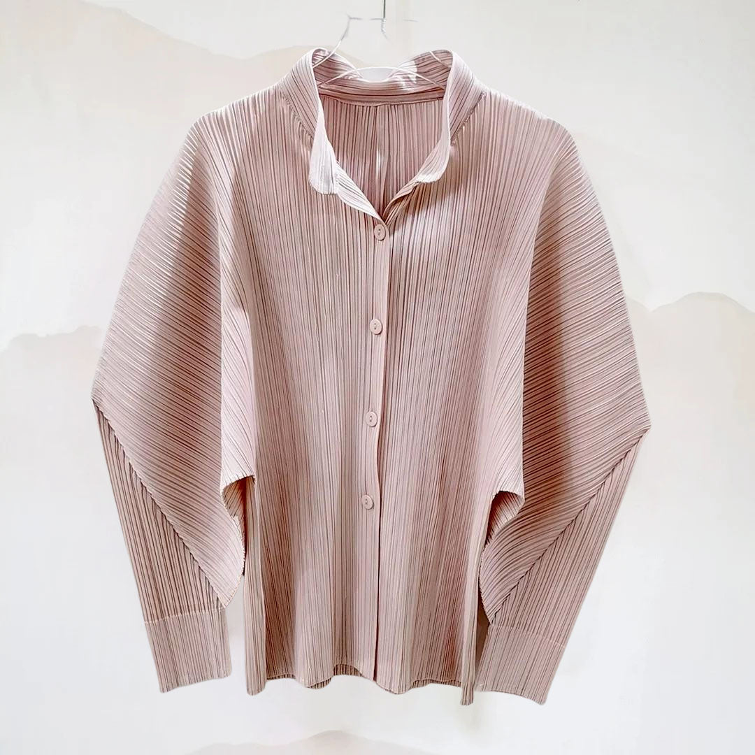 Pleated Batwing Sleeve Button-Up Blouse