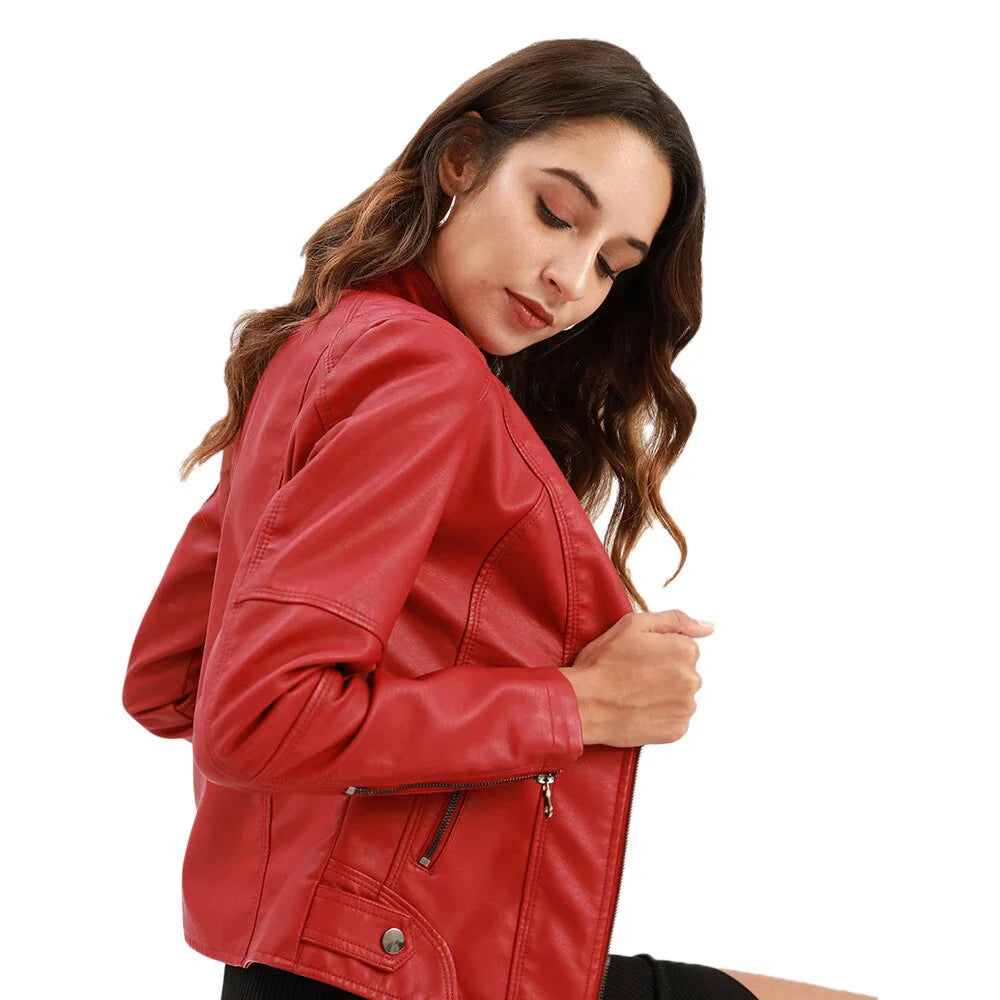 Women's pu leather jacket with zipper closure and stand collar