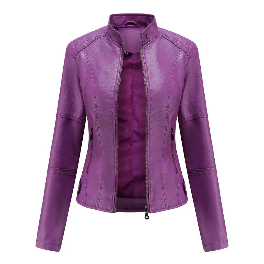 Women's pu leather jacket with zipper closure and stand collar