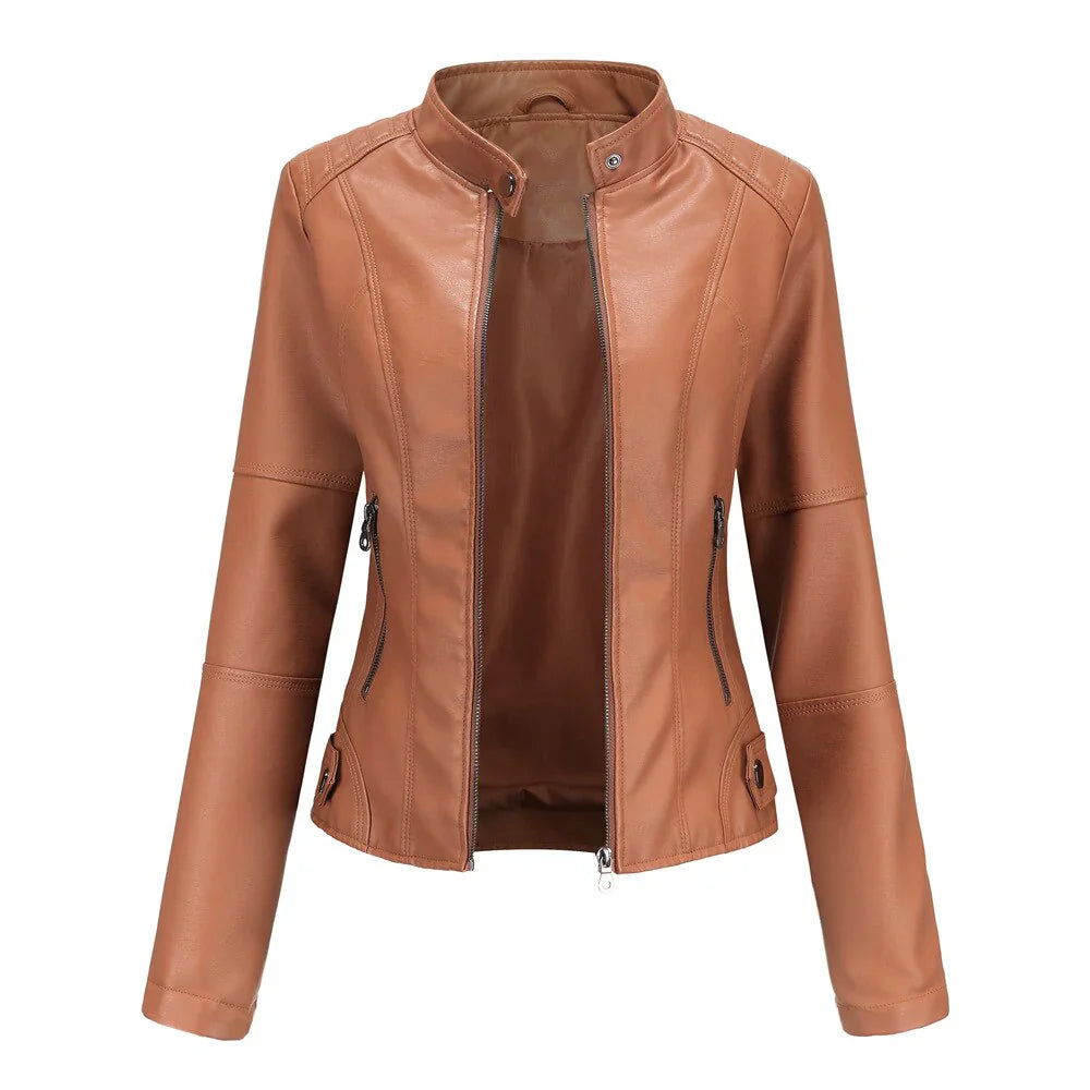 Women's pu leather jacket with zipper closure and stand collar