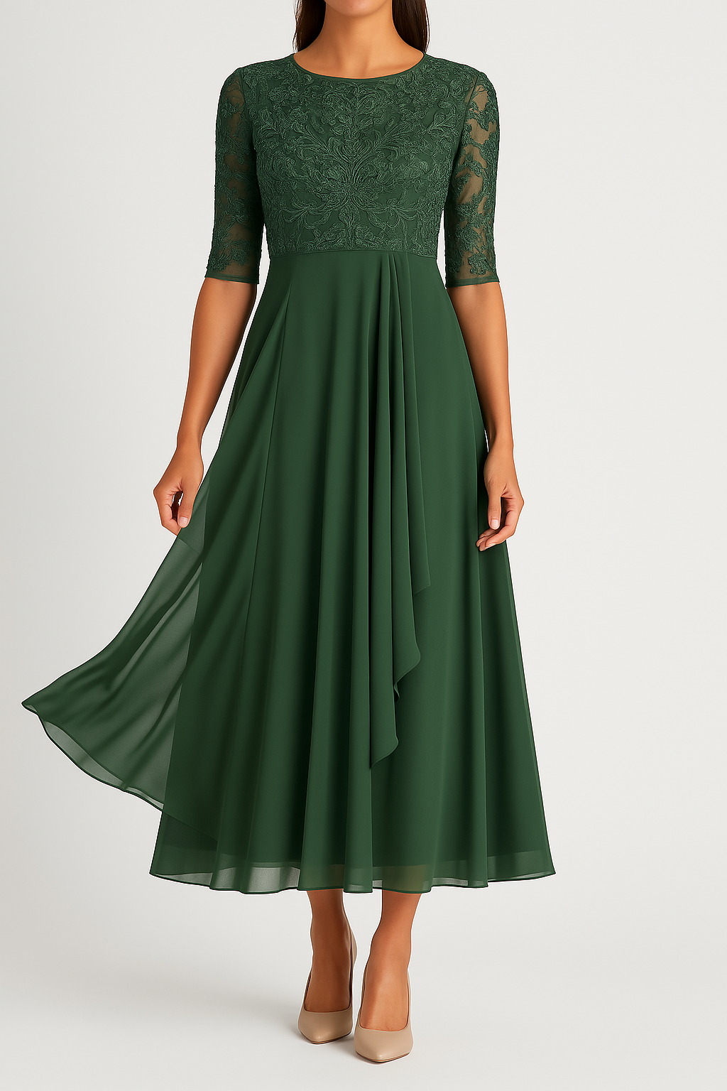 Lace Embroidered Flowing A-Line Midi Dress