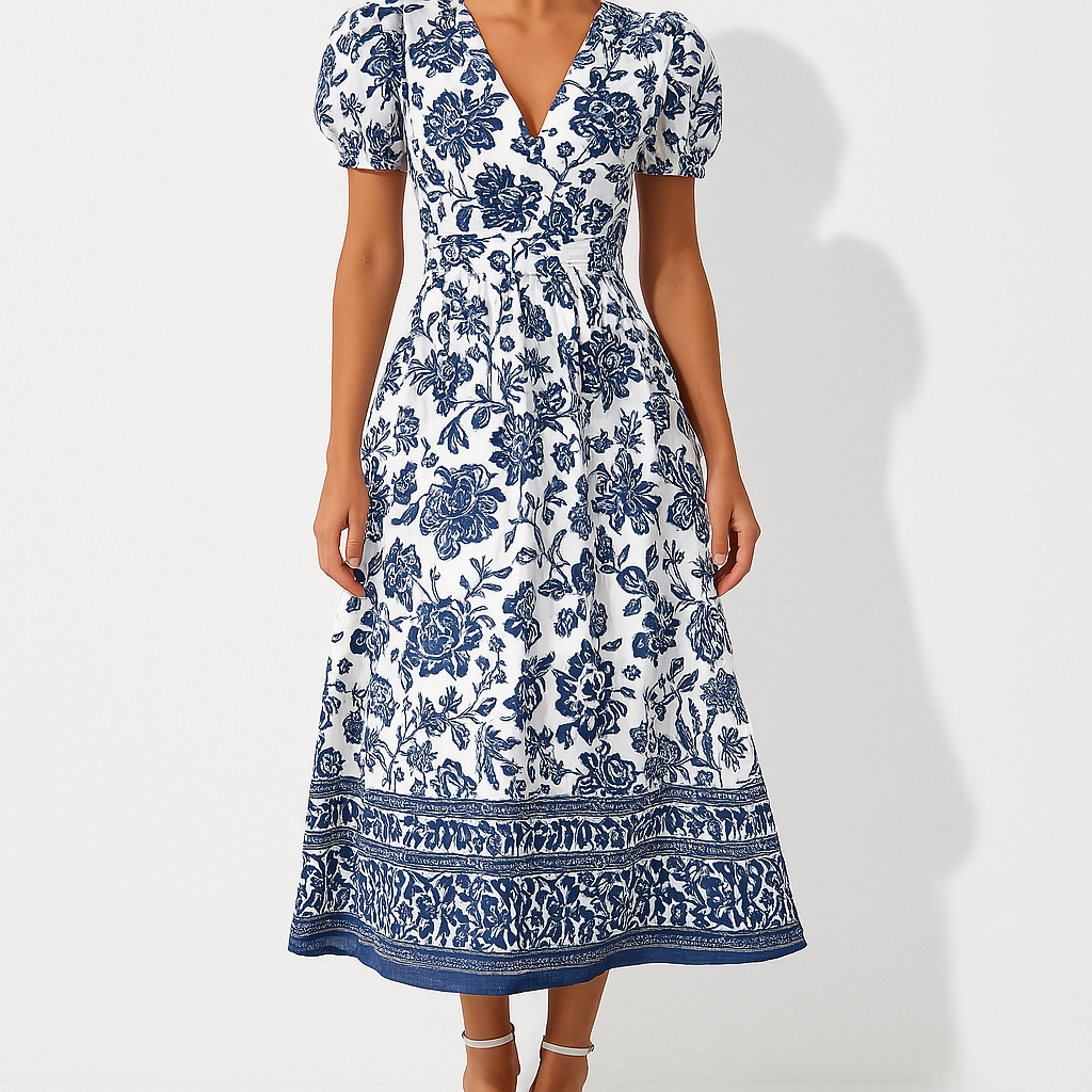 Women's Midi Dress - Floral Print - Puff Sleeve V-Neck - Cinched Waist A-Line