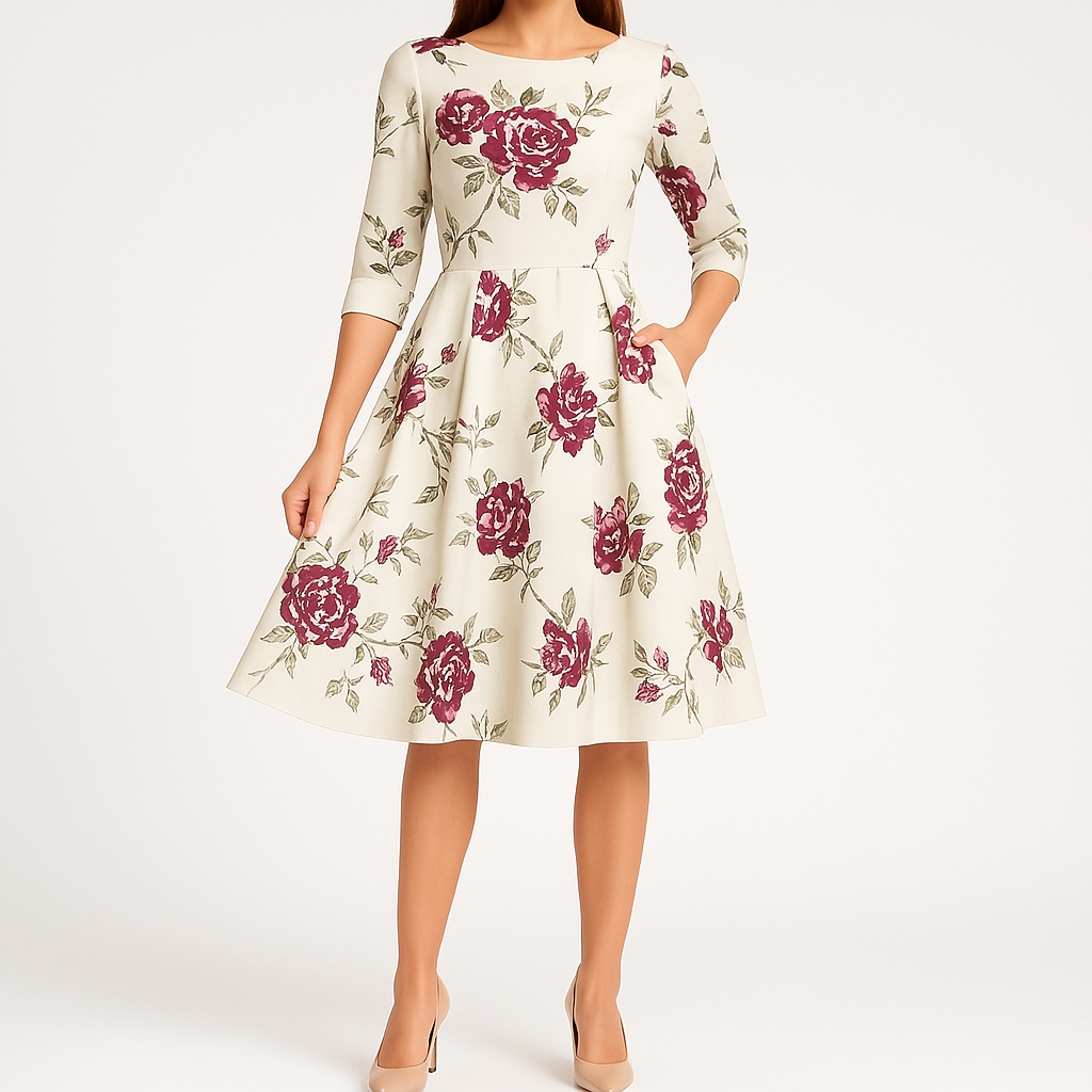Women's A-Line Dress - Knee-Length - 3/4 Sleeve - Floral Print Elegant Fit