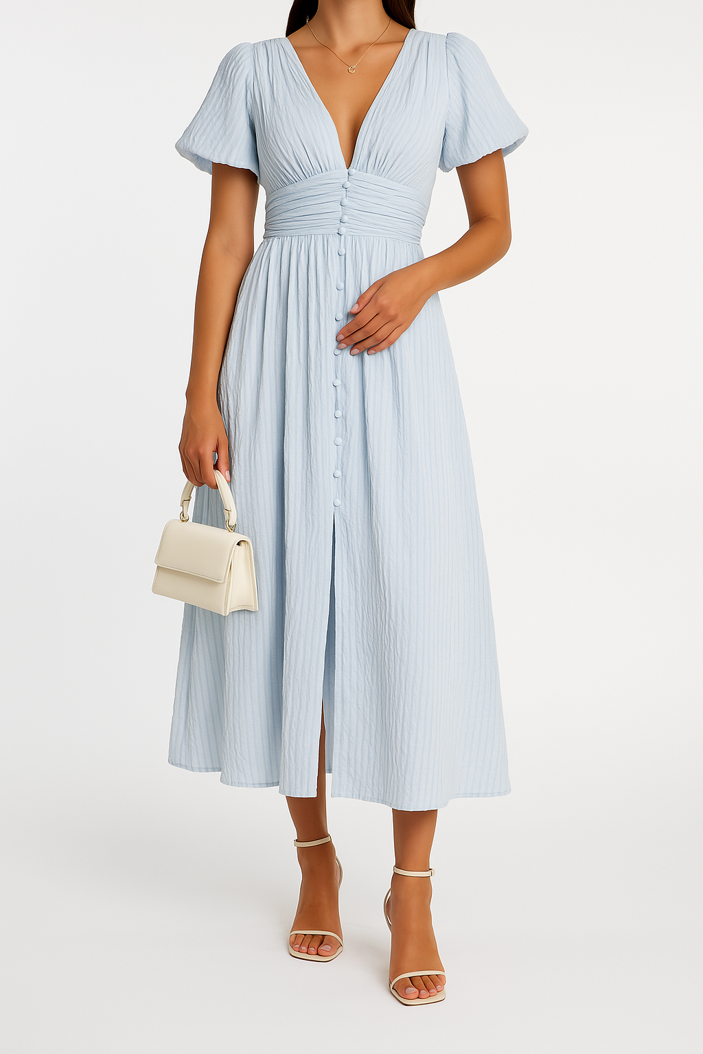 Women’s Maxi Dress – V-Neck – Puff Sleeves – Front Buttons – Breathable Blend – Flowy Fit