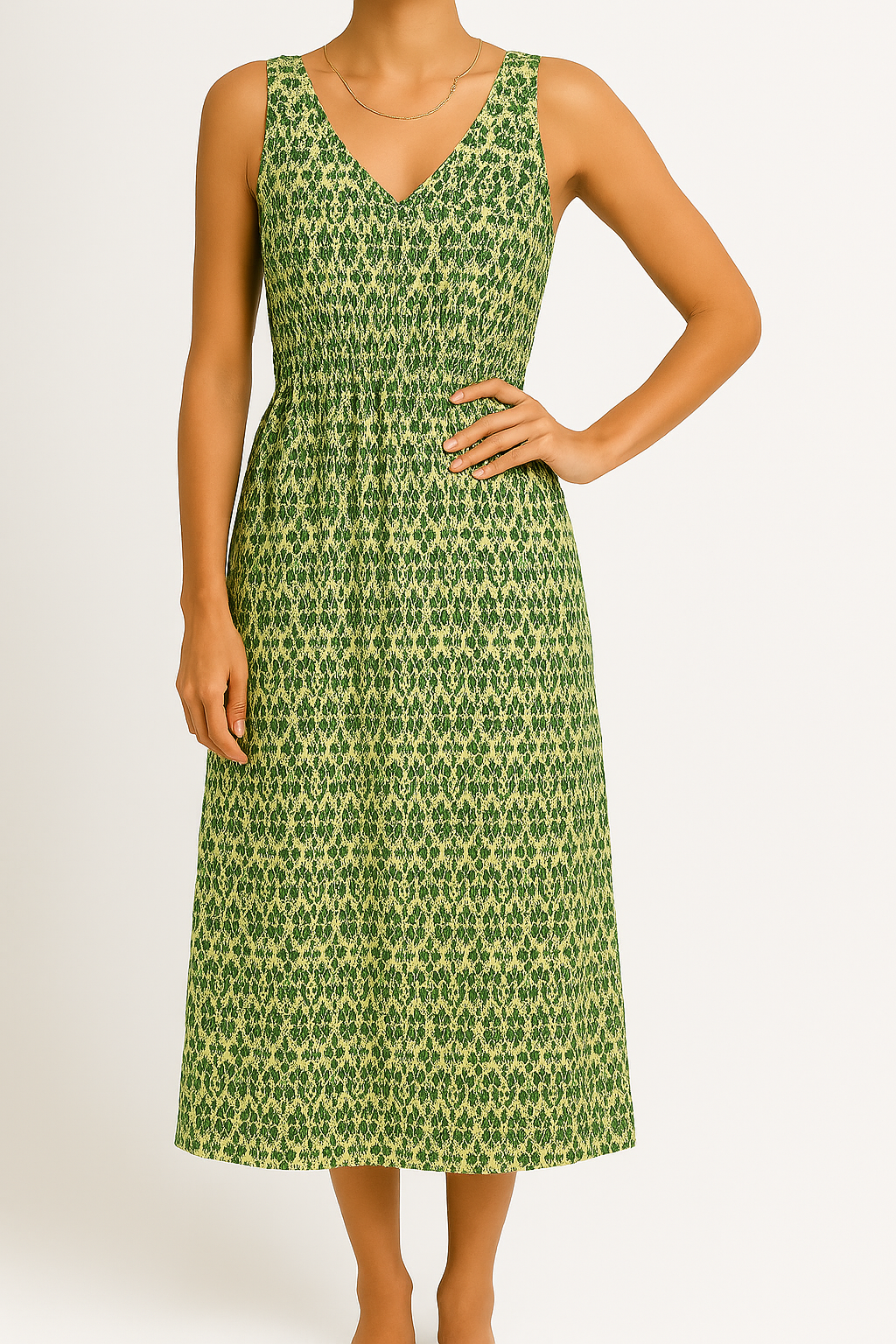 Women’s Midi Dress – Sleeveless V-Neck – Bohemian Print – Waist Tie Flowy Fit