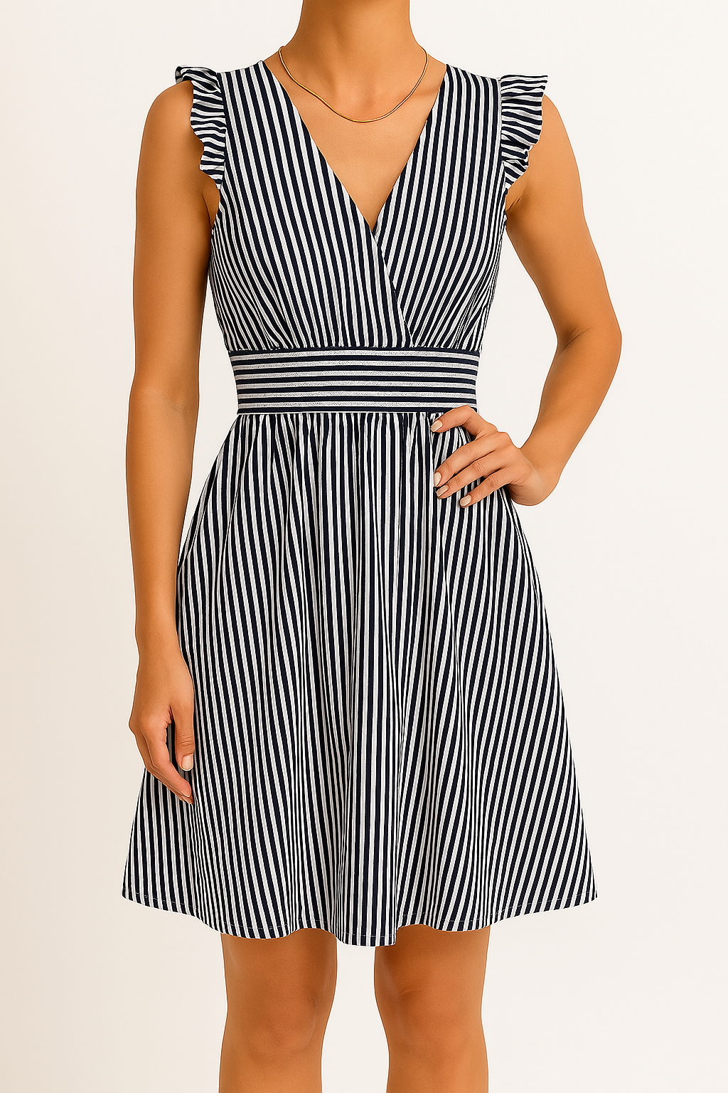 Women’s Midi Dress – Stripe Print – V-Neck – Flutter Sleeve – A-Line Fit – Cinched Waist