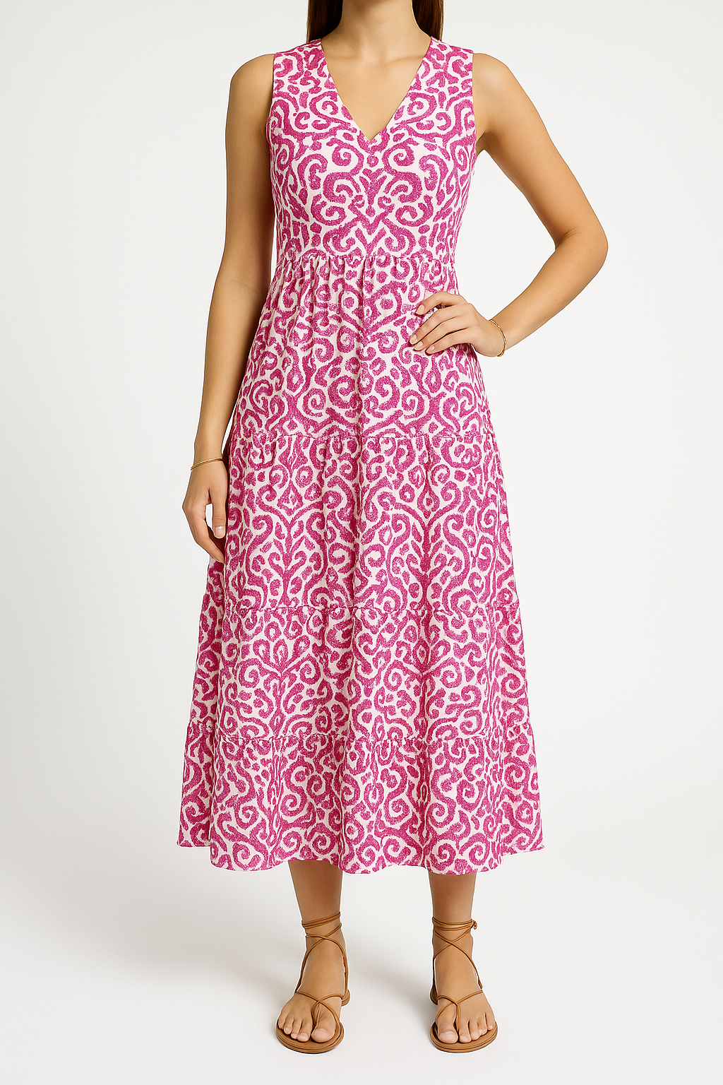 Women’s Midi Dress – V-Neck – Sleeveless – Relaxed Fit – Abstract Print – A-Line