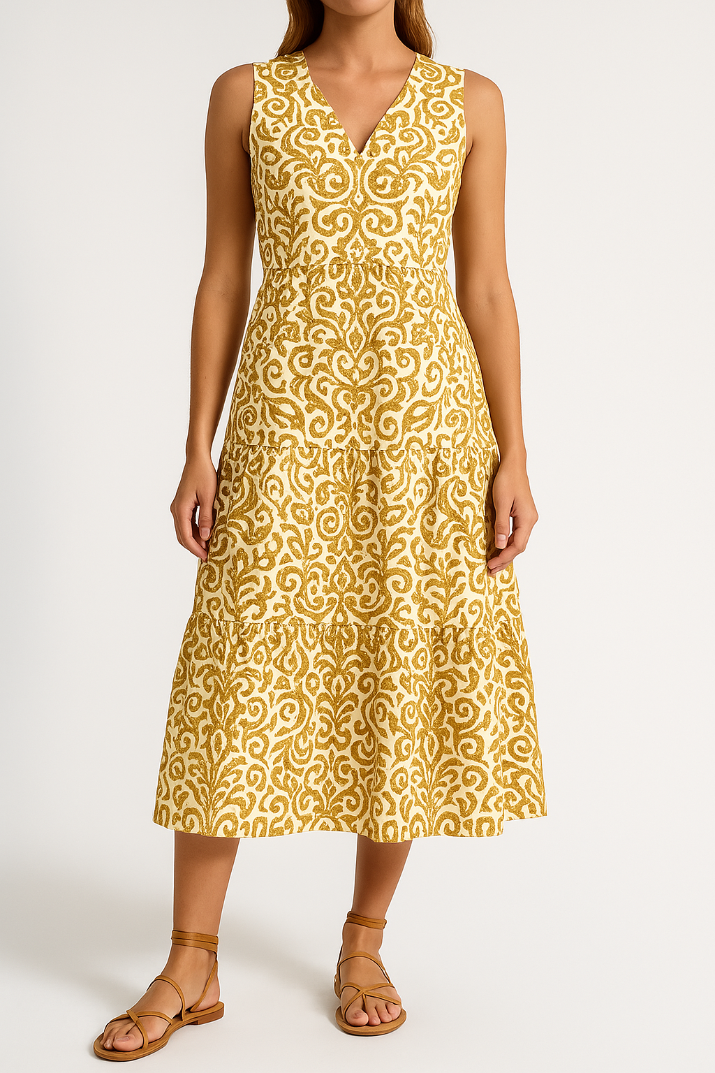 Women’s Midi Dress – V-Neck – Sleeveless – Relaxed Fit – Abstract Print – A-Line