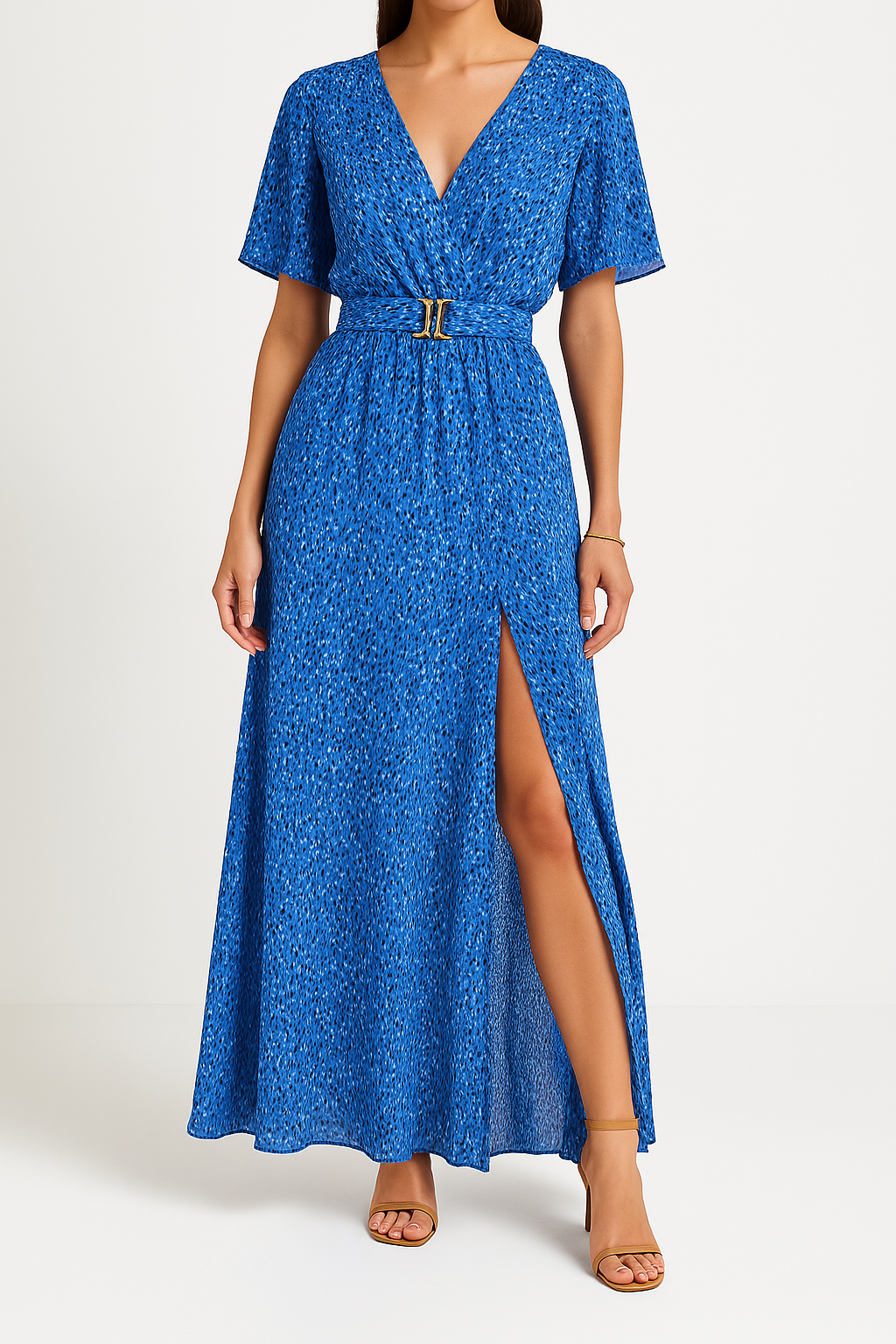 Women’s Maxi Dress – Wrap Style – Belted Waist – V-Neck – Short Sleeve Slit Hem