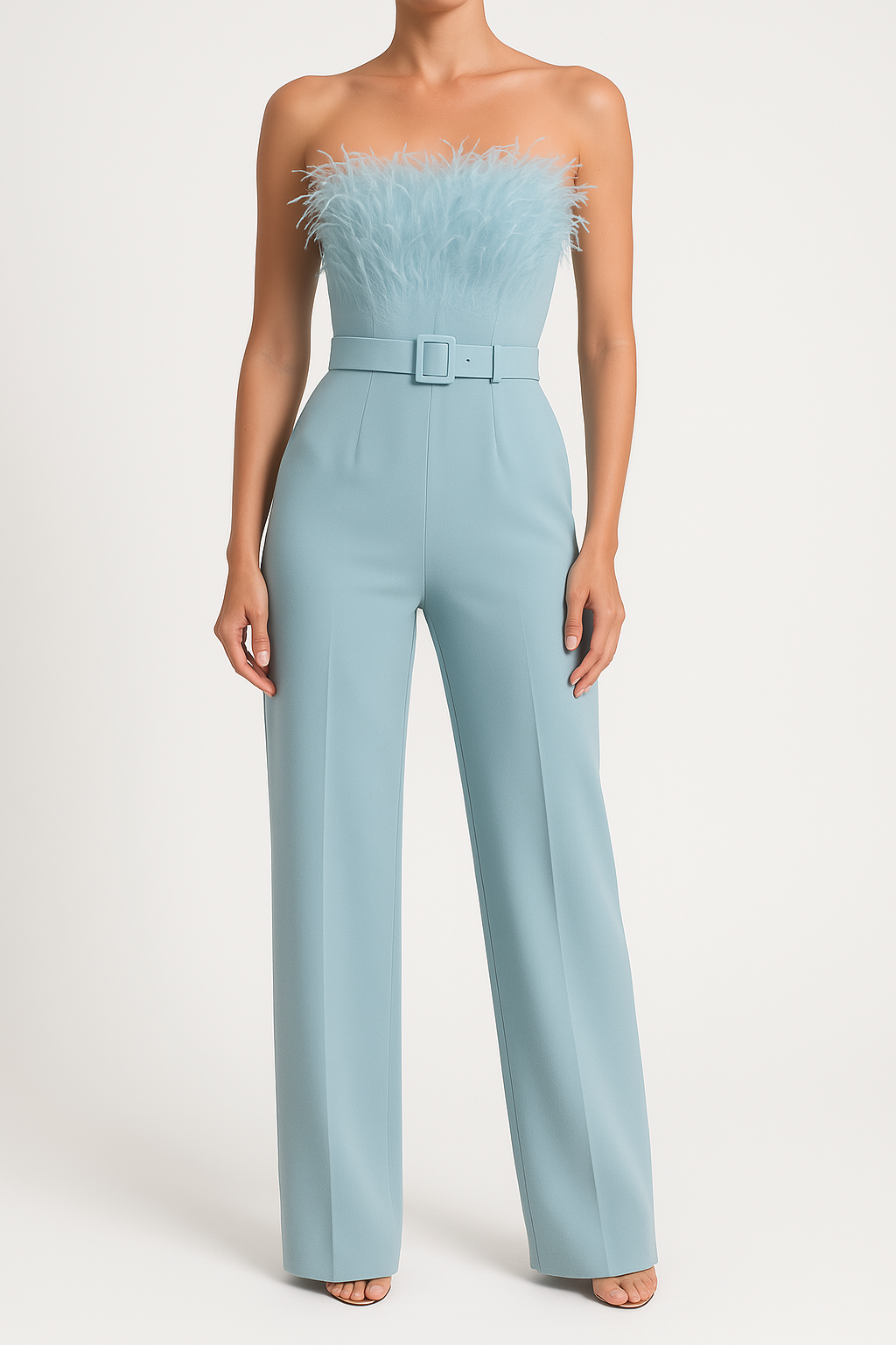 Women's Jumpsuit - Strapless Feather Bodice - Belted Waist - Wide Leg Elegant Fit