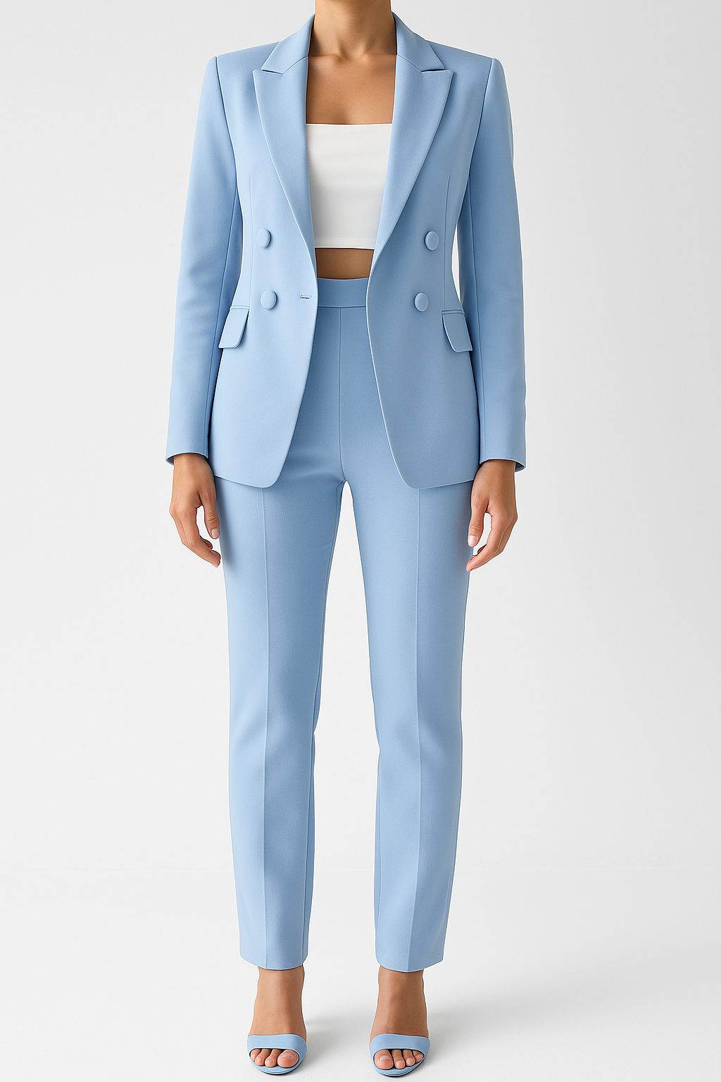 Sky blue double-breasted notched lapel suit blazer jacket for women