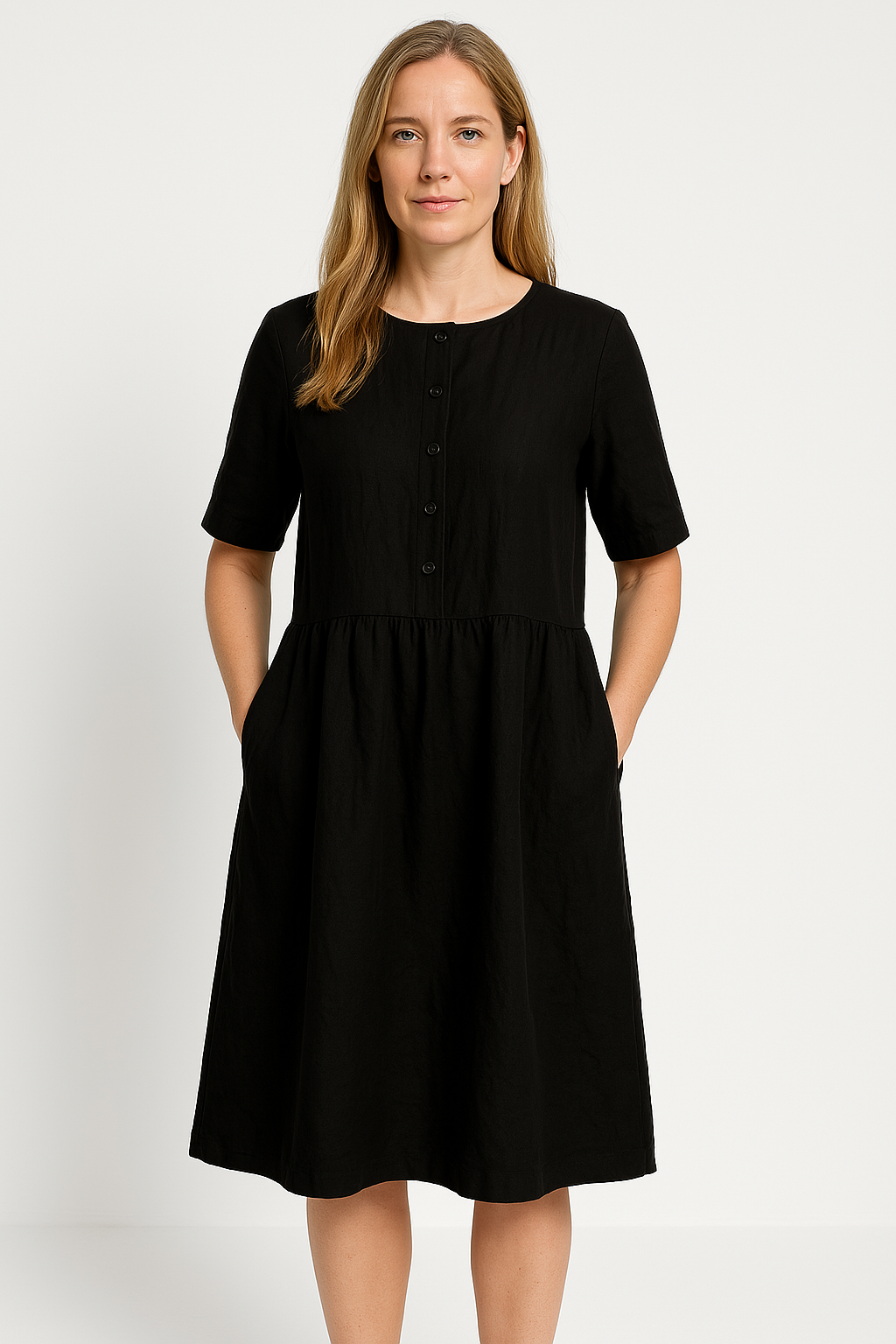 Women’s Midi Dress – Cotton Linen Blend – Relaxed Fit – Button Front with Pockets
