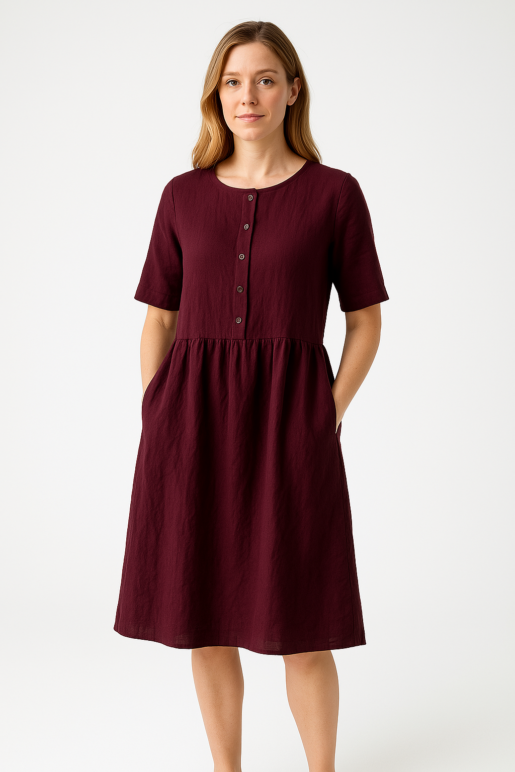 Women’s Midi Dress – Cotton Linen Blend – Relaxed Fit – Button Front with Pockets