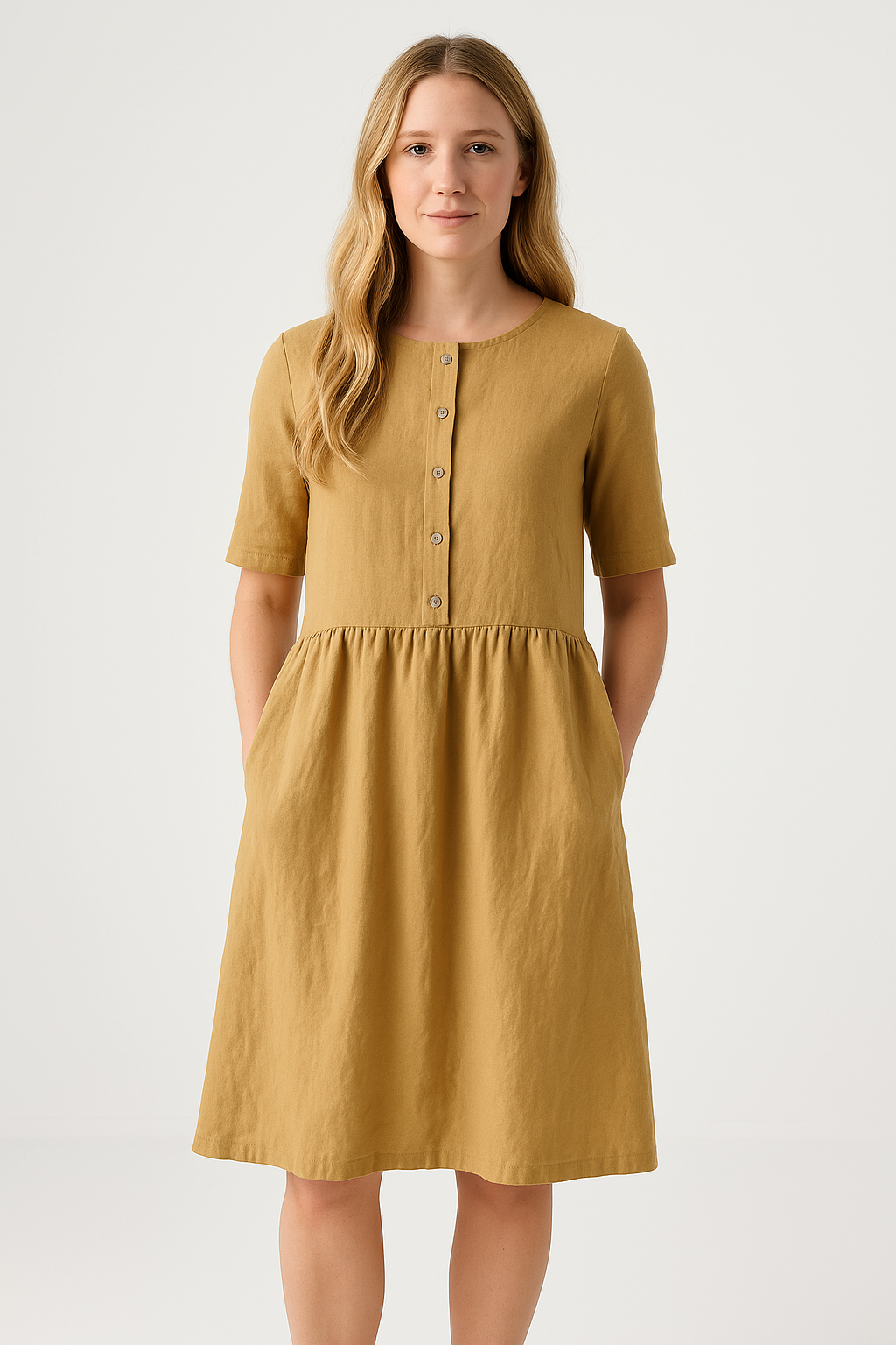 Women’s Midi Dress – Cotton Linen Blend – Relaxed Fit – Button Front with Pockets