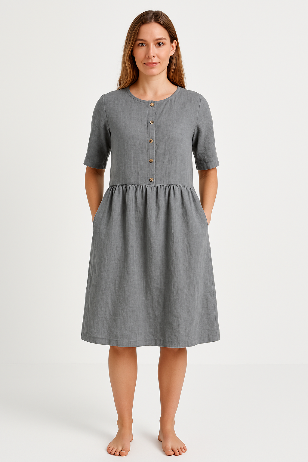 Women’s Midi Dress – Cotton Linen Blend – Relaxed Fit – Button Front with Pockets