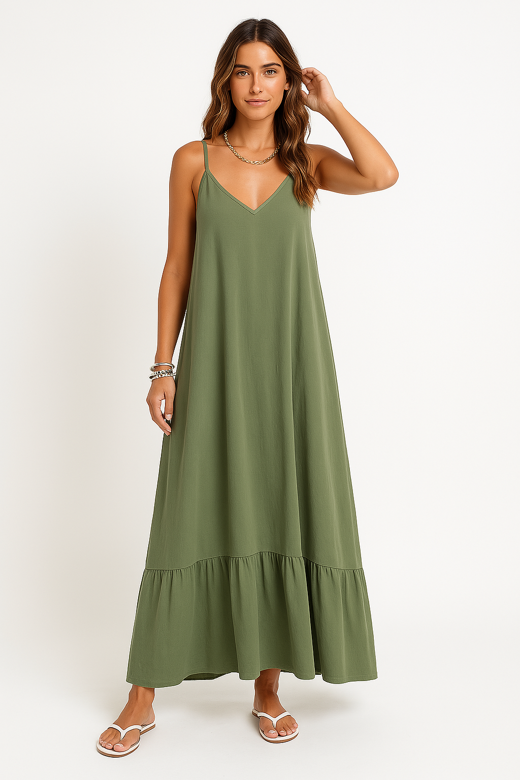 Women’s Maxi Dress – A-Line Fit – V-Neck – Lace Trim – Lightweight Cotton Blend