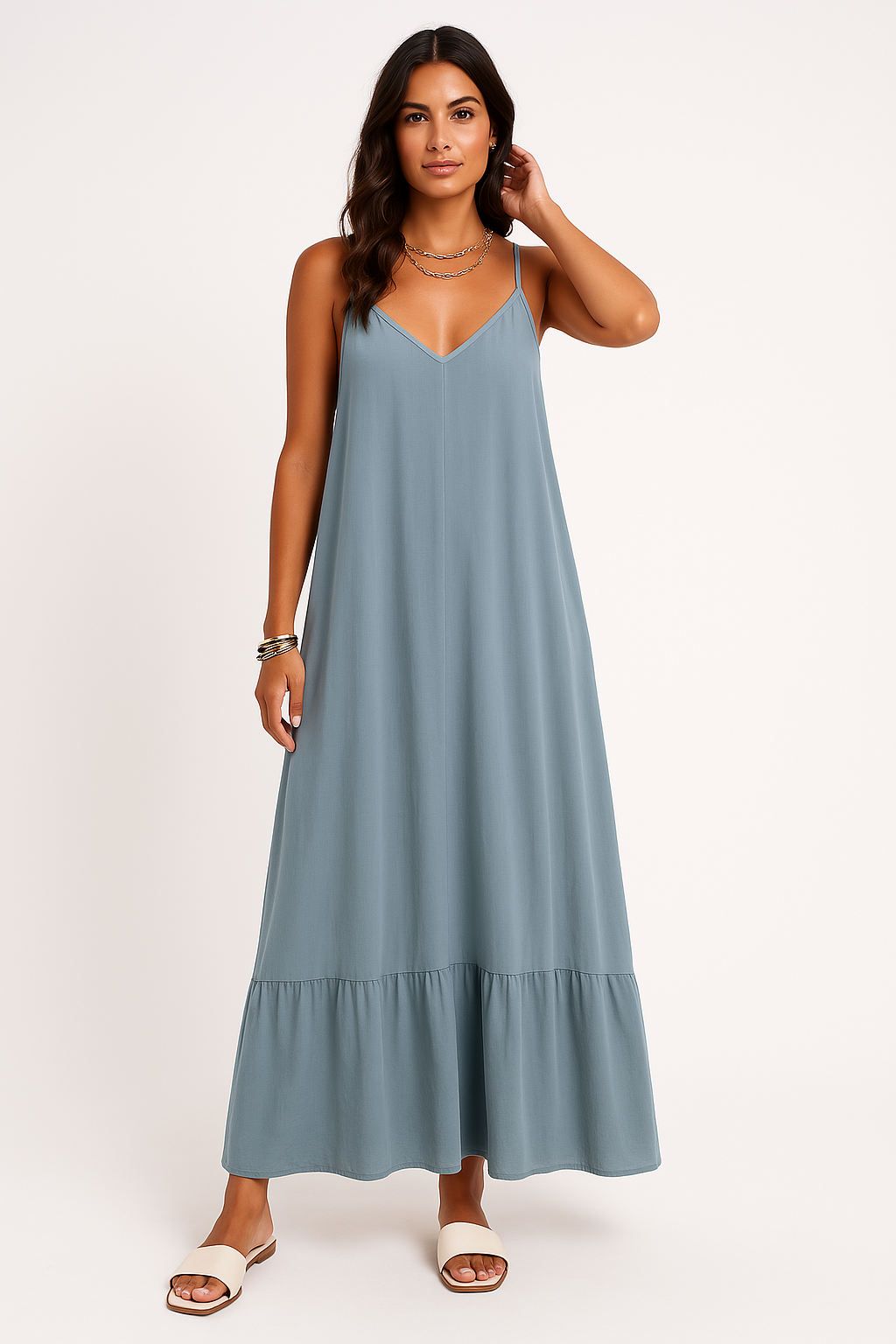 Women’s Maxi Dress – A-Line Fit – V-Neck – Lace Trim – Lightweight Cotton Blend