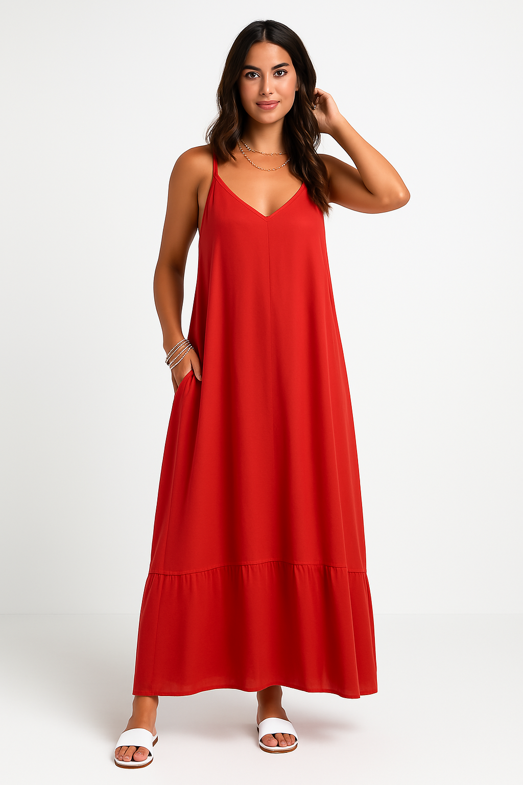 Women’s Maxi Dress – A-Line Fit – V-Neck – Lace Trim – Lightweight Cotton Blend