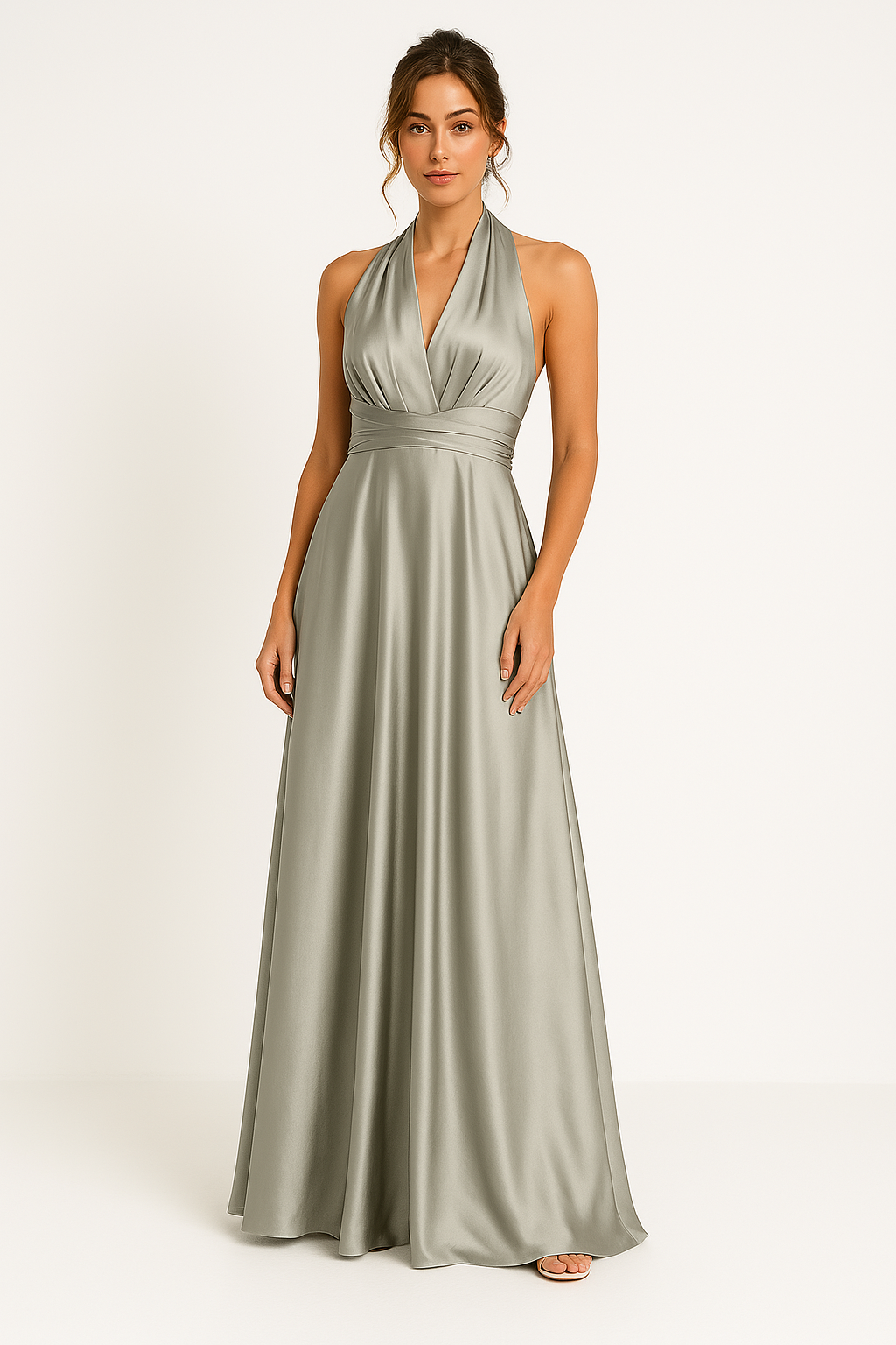 Women’s Maxi Dress – Satin Finish – A-Line Fit – Criss-Cross Back – Halter Neckline