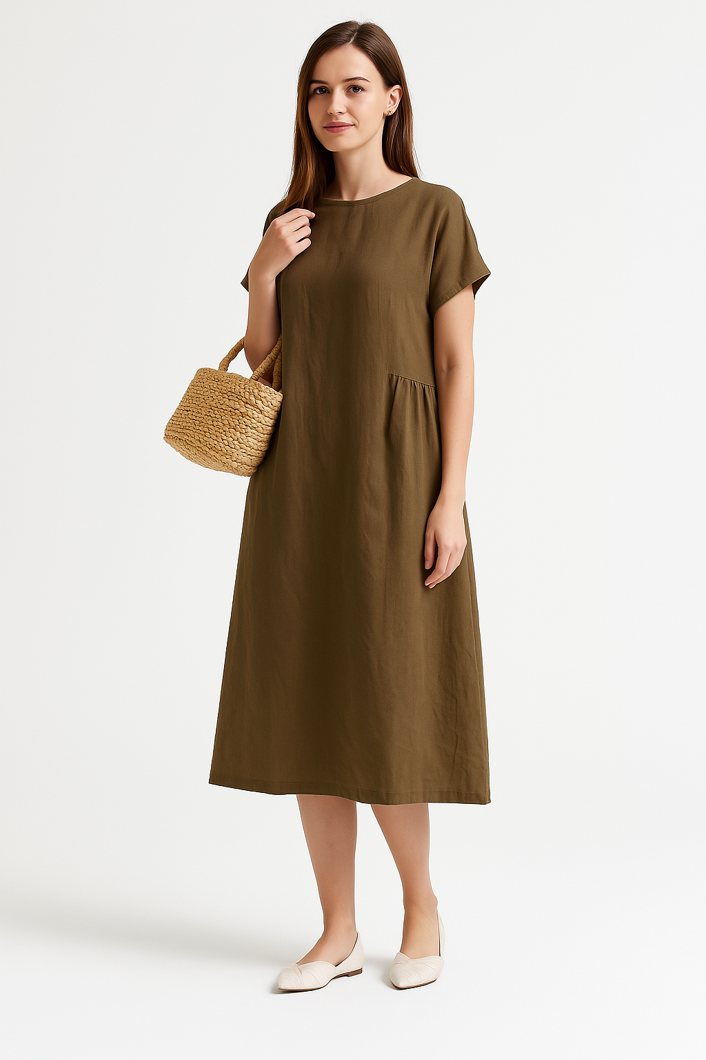 Women’s Midi Dress – Loose Fit – Breathable Fabric – Short Sleeve Casual Style