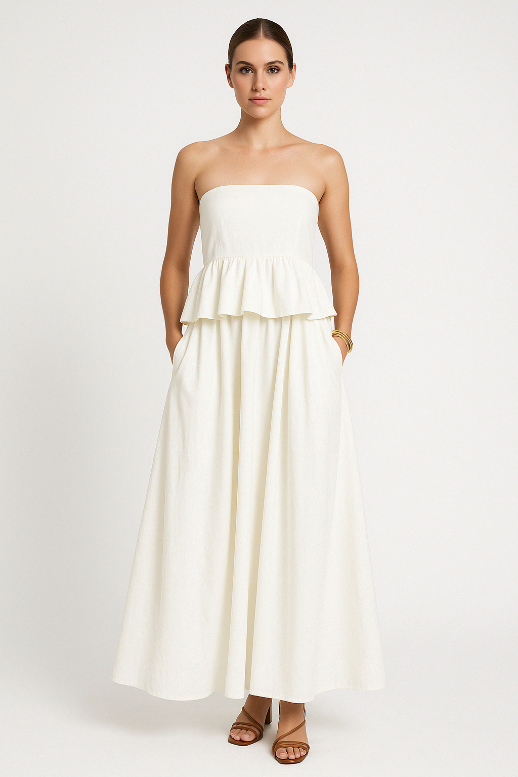 Women’s Strapless Maxi Dress – Fitted Bodice – Peplum Waist – A-Line Flowy Skirt