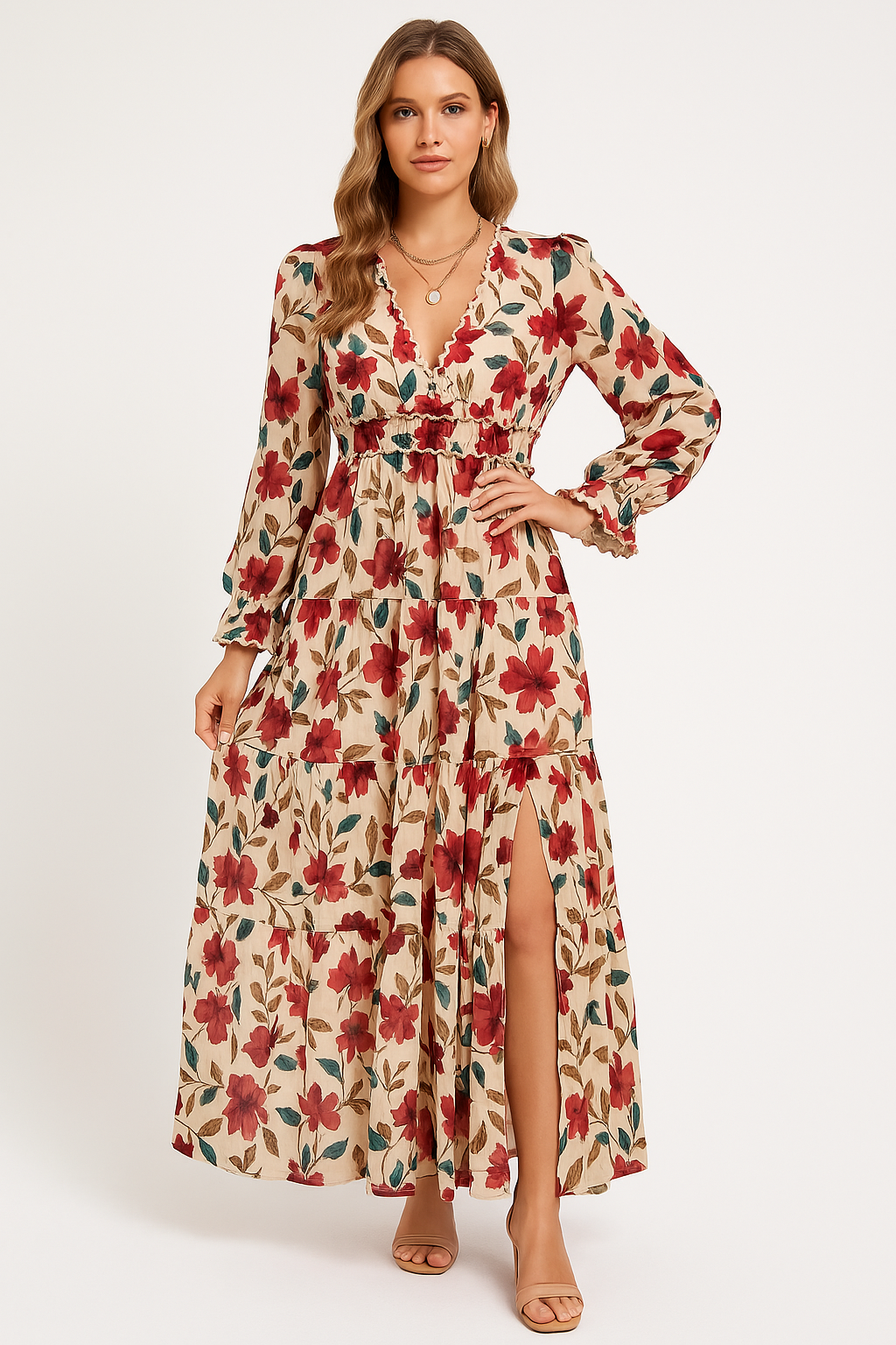 Women’s Maxi Dress – Chiffon – V-Neck – Long Sleeve – Floral Print – Ruffle Detail
