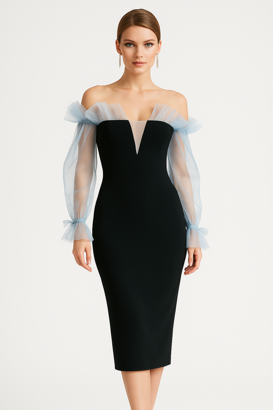 Off-Shoulder Ruffle Sleeve Midi Bodycon Dress