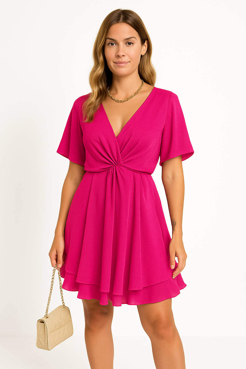 Women’s Dress – Relaxed Fit – Batwing Sleeves – Asymmetrical Hem – Knot Front V-Neck