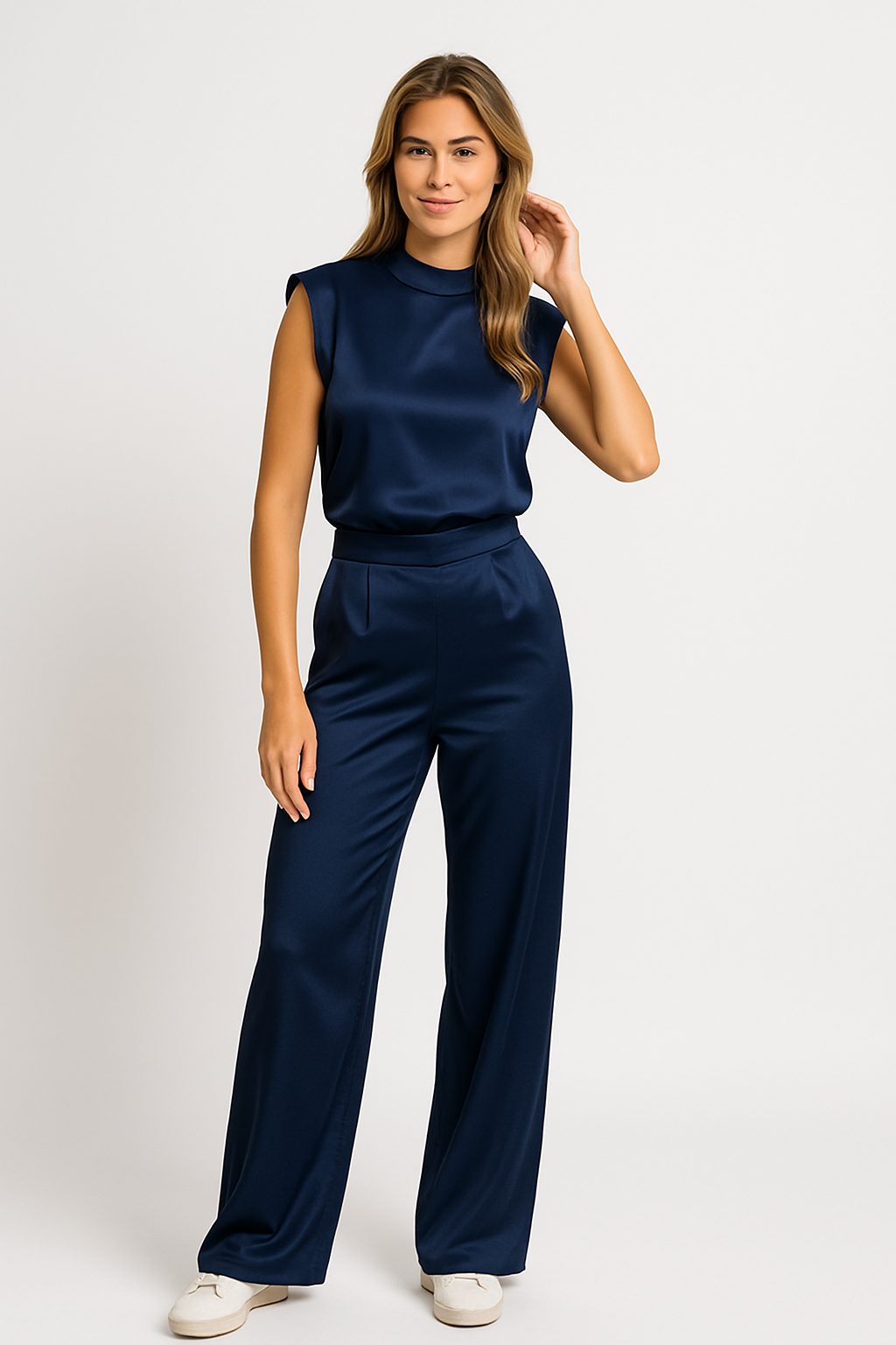 Women’s Jumpsuit – Satin Finish – Sleeveless – Open Back – Wide Leg – Relaxed Fit