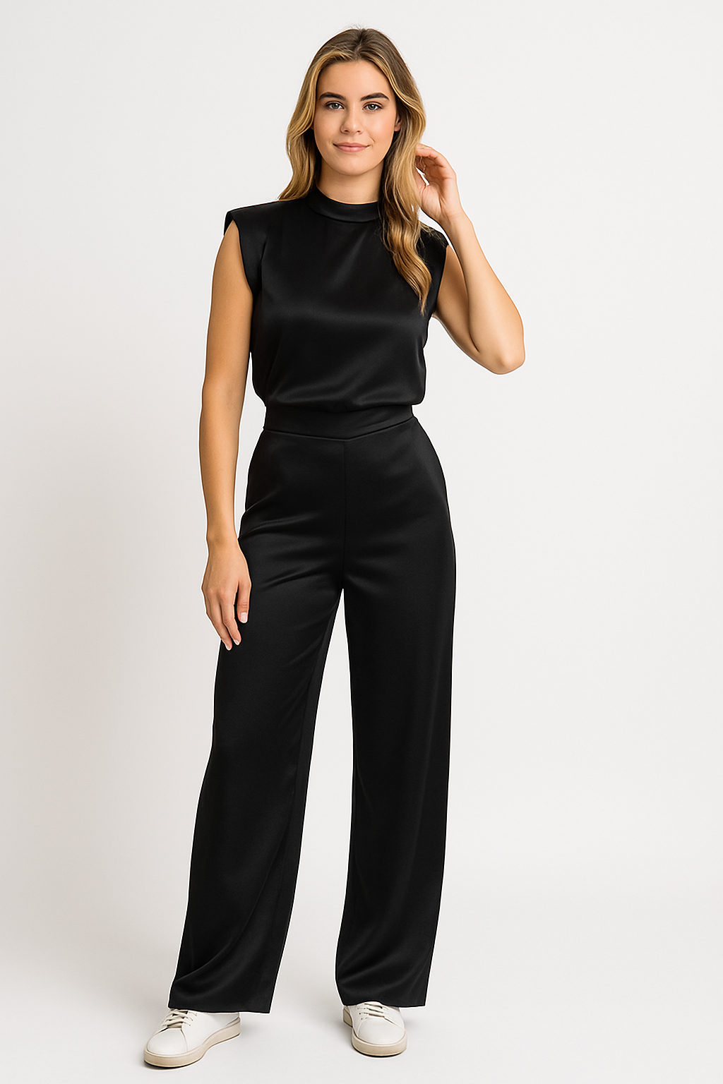 Women’s Jumpsuit – Satin Finish – Sleeveless – Open Back – Wide Leg – Relaxed Fit